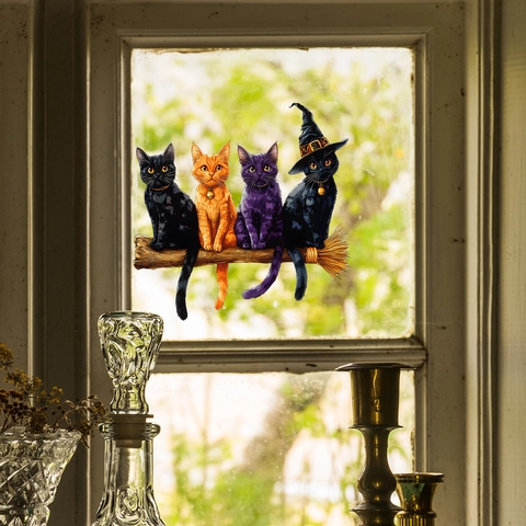 Halloween Cartoon Katzen Auf Besenstiel Fenster Aufkleber Statisch Abnehmbar PVC Dekal Mit Hexenhut Für Glas Haus Dekoration