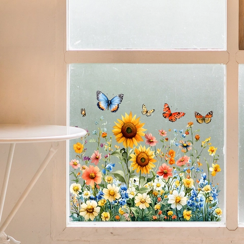 Zonnebloem Vlinder Statische Hechting Venstersticker PVC Waterdichte Verwijderbare Decoratieve Glasfolie Voor Huis