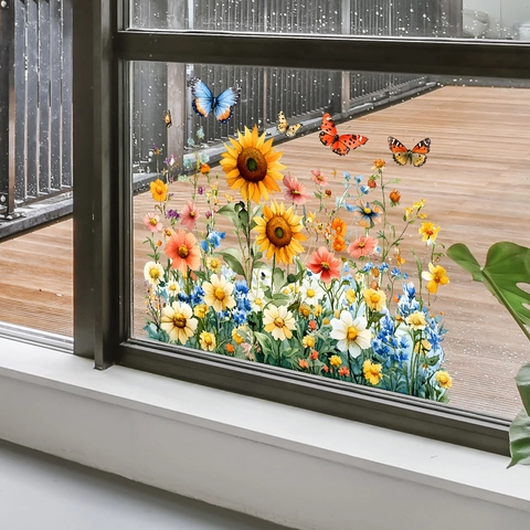 Zonnebloem Vlinder Statische Hechting Venstersticker PVC Waterdichte Verwijderbare Decoratieve Glasfolie Voor Huis