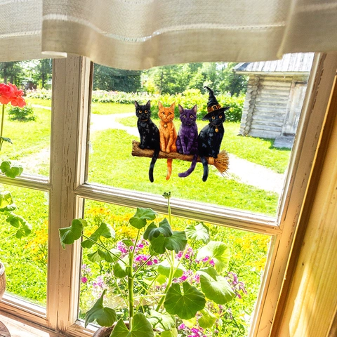 Halloween Cartoon Katzen Auf Besenstiel Fenster Aufkleber Statisch Abnehmbar PVC Dekal Mit Hexenhut Für Glas Haus Dekoration