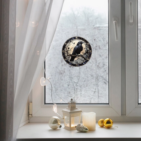 Halloween Krähe Ast Fensteraufkleber Statisch Haftend PVC Gothisch Buntglas-Stil Rund Mond Wald Home Glas Deko