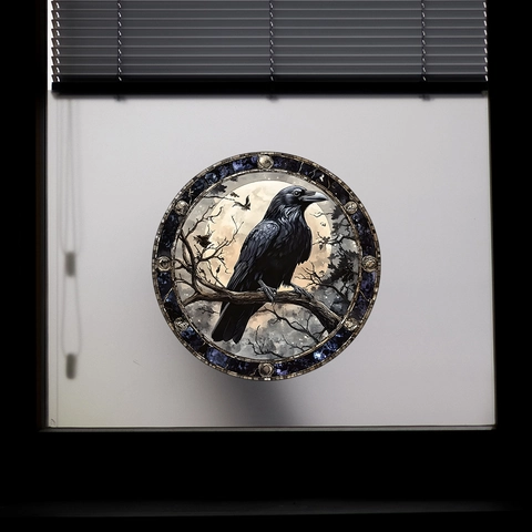 Halloween Krähe Ast Fensteraufkleber Statisch Haftend PVC Gothisch Buntglas-Stil Rund Mond Wald Home Glas Deko