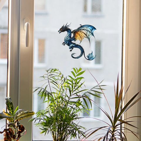 Glas-in-lood Stijl Draak Venstersticker Statische Kleefkracht UV-Gedrukt Blauw Oranje Fantasie Draak Sticker Voor Huisdecoratie