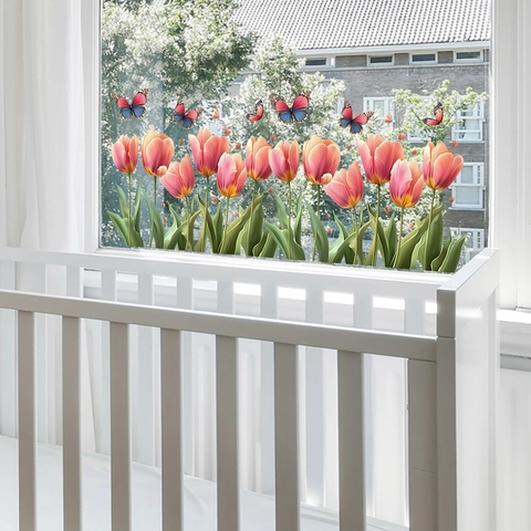Rosa Tulpe Schmetterling Statisch Haftend Fensteraufkleber Bemalt Floral PVC Glasaufkleber Für Balkon Wohnzimmer Heimdekor