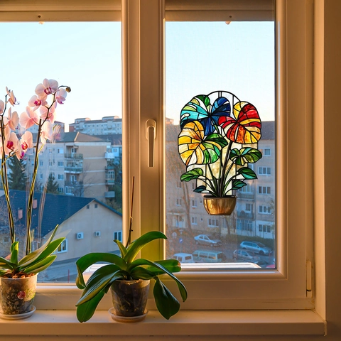 Bunter Monstera Topfpflanze Fensteraufkleber Im Glasmalerei-Stil Statische Haftung PVC Dekofolie Ohne Kleber Für Zuhause