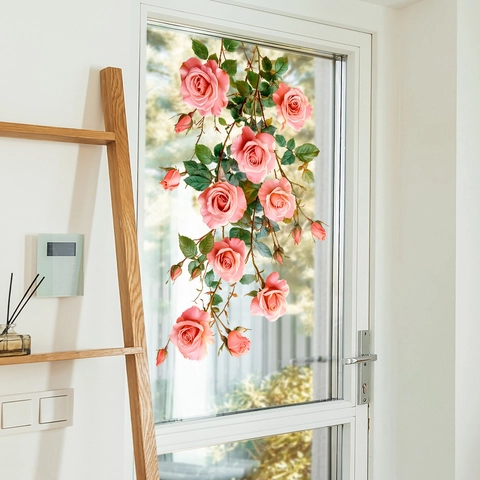 Romantische Roze Roos Aquarel Statische Vensterfolie UV Gedrukt PVC Glassticker Voor Balkon Slaapkamer Home Decor