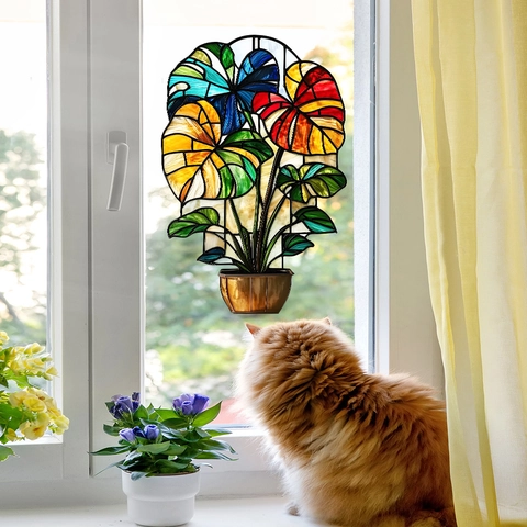 Bunter Monstera Topfpflanze Fensteraufkleber Im Glasmalerei-Stil Statische Haftung PVC Dekofolie Ohne Kleber Für Zuhause