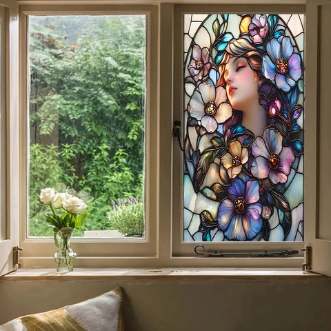 Gebrandschilderd Glas Kunst Vensterfilm Statische Privacy Venstersticker Bloem Schoonheid Gezicht Patroon Voor Huis Badkamer Decor