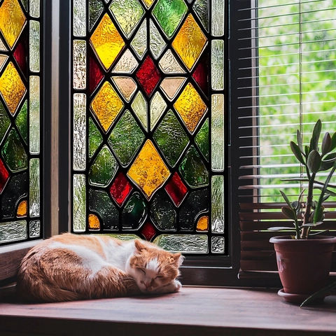 Retro Bunt Geometrisch Diamant Buntglas Fensterfolie UV Statische Haftung Privatsphäre Dekorativer Glasaufkleber Für Heim