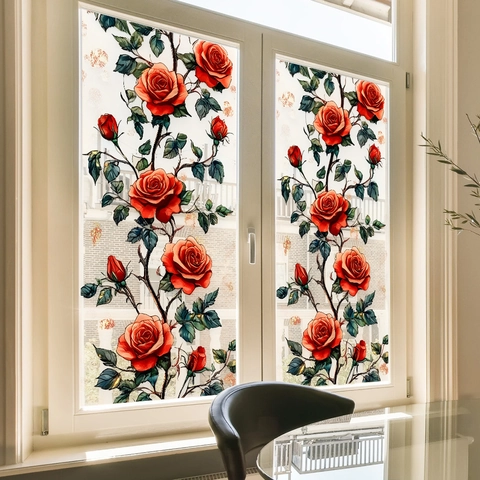 Rode Roos Bloemen Statische Kleving Vensterfolie PVC Decoratieve Privacy Glas Sticker Voor Balkon Badkamer Huis Decoratie