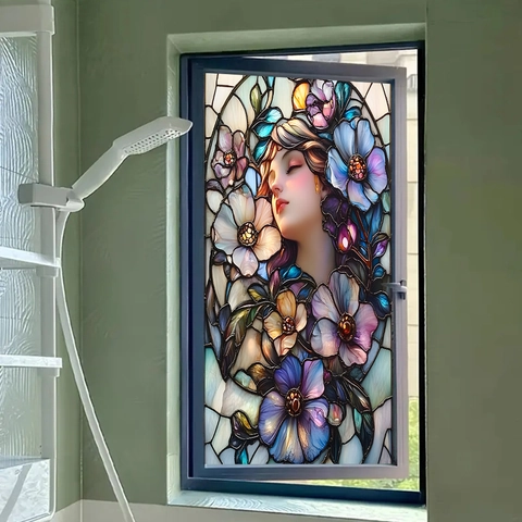 Gebrandschilderd Glas Kunst Vensterfilm Statische Privacy Venstersticker Bloem Schoonheid Gezicht Patroon Voor Huis Badkamer Decor