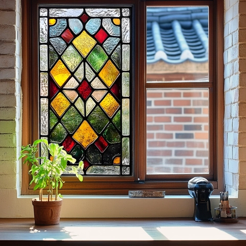 Retro Bunt Geometrisch Diamant Buntglas Fensterfolie UV Statische Haftung Privatsphäre Dekorativer Glasaufkleber Für Heim