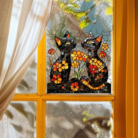 Glas-in-lood Venstersticker Statische Hechting PVC Zwarte Kat Bloem Mozaïek Ontwerp Lijmvrij Huis Balkon Glas Decoratie UV Geprinte Folie