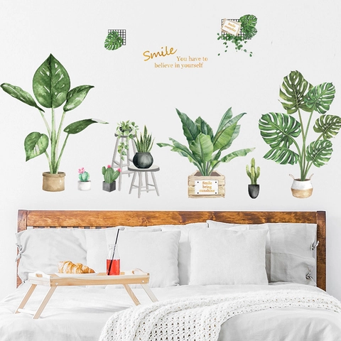 Watercolor Potted Plants Wall Sticker PVC Green Leaves Monstera Cactus Wall Decal With Quotes For Living Room Bedroom Home Decor