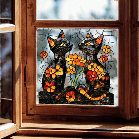Glas-in-lood Venstersticker Statische Hechting PVC Zwarte Kat Bloem Mozaïek Ontwerp Lijmvrij Huis Balkon Glas Decoratie UV Geprinte Folie
