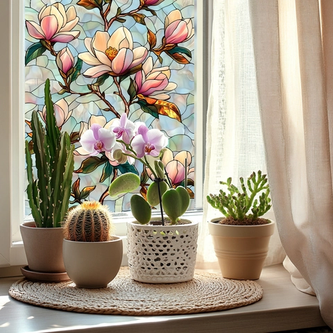 Glas-in-lood Stijl Magnoliabloem Vensterfolie Statische Hechting Privacy Decoratieve Vensterstickers Voor Woonkamer Badkamer Kantoor