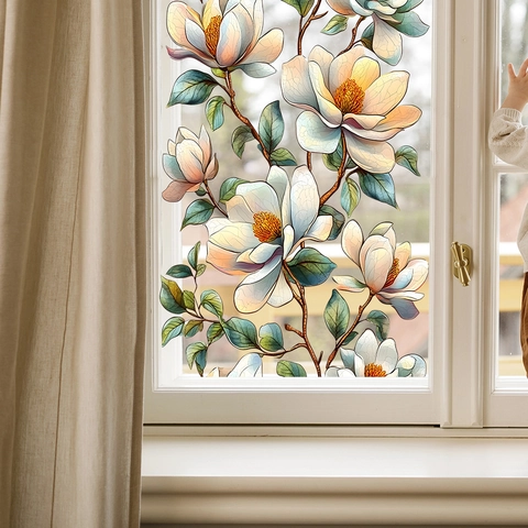 Aquarell Magnolie Blume Blatt Statische Haftung Fensterfolie UV Bedruckt Privatsphäre Dekorative Fensteraufkleber Für Haus Glas Dekor
