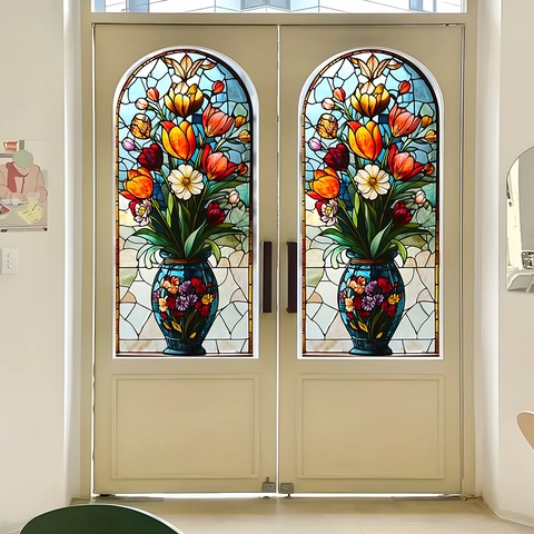 Gekleurd Glas Stijl Bloem Vaas Tulp Venstersticker Statisch Klevend UV Afdrukken Decoratieve Glasfolie Voor Thuis Kantoor Woonkamer