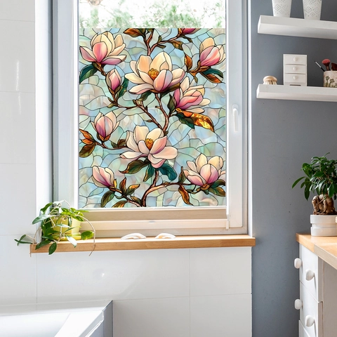 Glas-in-lood Stijl Magnoliabloem Vensterfolie Statische Hechting Privacy Decoratieve Vensterstickers Voor Woonkamer Badkamer Kantoor