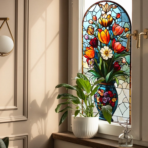 Gekleurd Glas Stijl Bloem Vaas Tulp Venstersticker Statisch Klevend UV Afdrukken Decoratieve Glasfolie Voor Thuis Kantoor Woonkamer