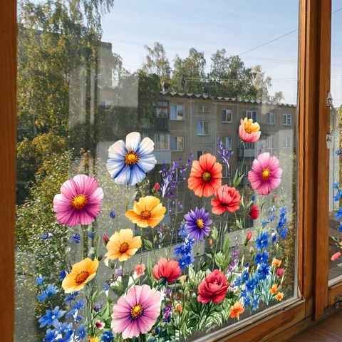 Bunte Aquarell Blumen Fensteraufkleber Statische PVC Glas Aufkleber UV Druck Floral Dekor Für Balkon Haus Dekoration