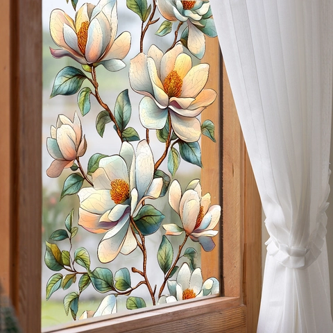 Aquarell Magnolie Blume Blatt Statische Haftung Fensterfolie UV Bedruckt Privatsphäre Dekorative Fensteraufkleber Für Haus Glas Dekor
