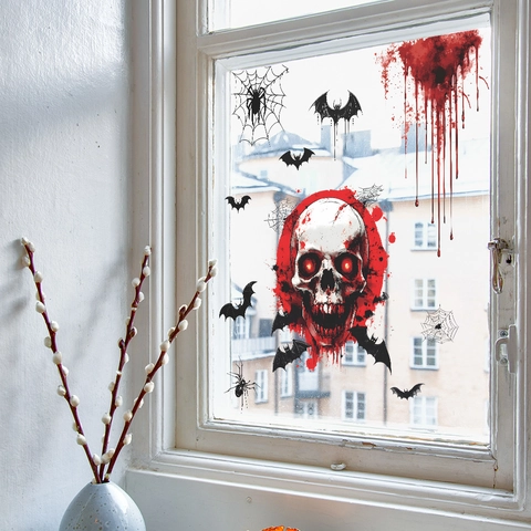Halloween Fensteraufkleber Statische Sticker Totenkopf Fledermäuse Spinnen PVC Abnehmbar Wasserdicht Party Home Deko Wandtattoos