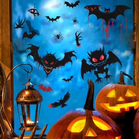 Halloween Spooky Bat Monster Pumpkin Window Stickers PVC Blood Drip Static Cling Decals For Home Festive Party Glass Decoration