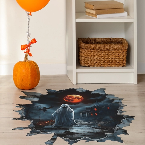 Adhesivo de Pared 3D Fantasma de Halloween PVC Castillo Espeluznante Luna de Sangre Calcomanía Decorativa para Sala de Estar Dormitorio