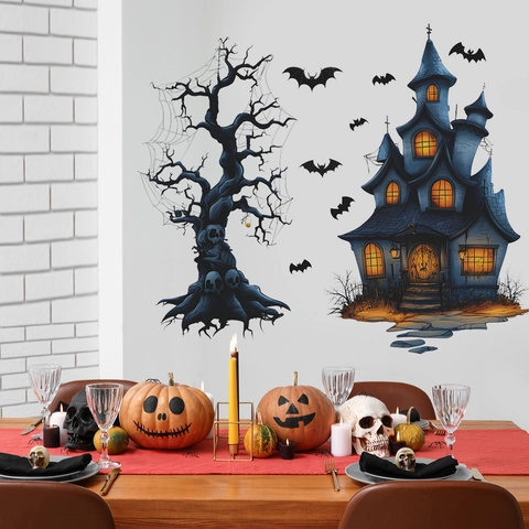 Halloween Gruselige Cartoon Geisterschloss Toter Baum PVC Wandaufkleber Gruseliges Spukhaus Fledermäuse Spinne DIY Dekor Für Zuhause