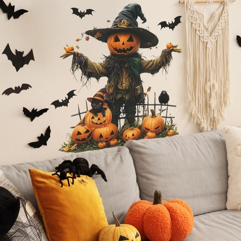 Halloween Pumpkin Scarecrow Wall Stickers Bats Black Cat DIY Vinyl Wall Decals For Living Room Bedroom Home Festive Decor