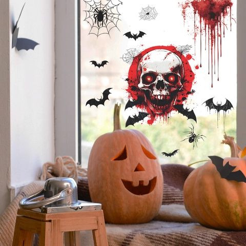 Halloween Fensteraufkleber Statische Sticker Totenkopf Fledermäuse Spinnen PVC Abnehmbar Wasserdicht Party Home Deko Wandtattoos