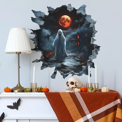 Adhesivo de Pared 3D Fantasma de Halloween PVC Castillo Espeluznante Luna de Sangre Calcomanía Decorativa para Sala de Estar Dormitorio