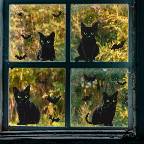 Halloween Window Stickers Cartoon Black Cat Bat Spider Web PVC Static Cling Decals For Glass Holiday Home Party Decorations