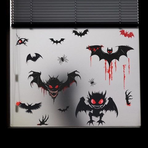 Halloween Spooky Bat Monster Pumpkin Window Stickers PVC Blood Drip Static Cling Decals For Home Festive Party Glass Decoration