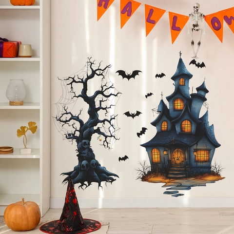 Halloween Gruselige Cartoon Geisterschloss Toter Baum PVC Wandaufkleber Gruseliges Spukhaus Fledermäuse Spinne DIY Dekor Für Zuhause