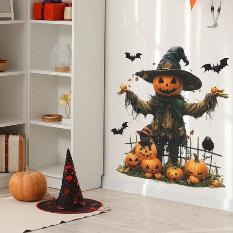 Halloween Pumpkin Scarecrow Wall Stickers Bats Black Cat DIY Vinyl Wall Decals For Living Room Bedroom Home Festive Decor