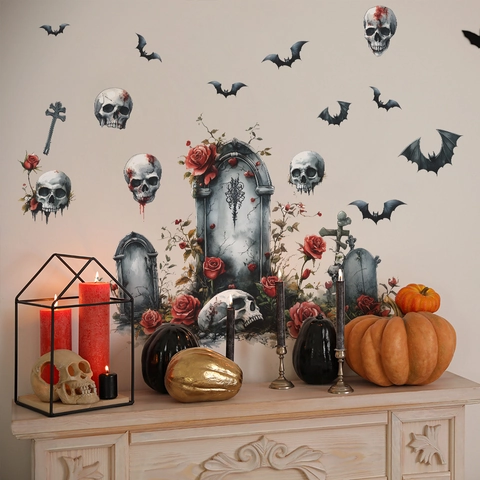 Γοτθικά Αυτοκόλλητα Τοίχου Halloween Νεκροκεφαλή Ταφόπλακα Κόκκινο Τριαντάφυλλο PVC Για Σαλόνι Υπνοδωμάτιο Διακόσμηση