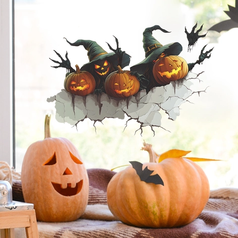 3D Halloween Pompoen Heksenhoed Muursticker Gebroken Muureffect PVC Verwijderbare Sticker Voor Woonkamer Slaapkamer Feest Decor