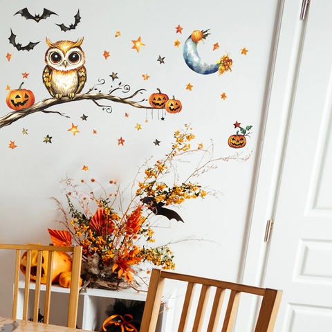 Pegatina De Pared Halloween Dibujos Animados Búho Calabaza Murciélago Estilo Acuarela PVC Calcomanía Removible Para Dormitorio Sala De Estar Casa