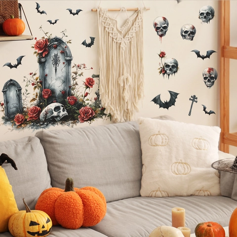 Γοτθικά Αυτοκόλλητα Τοίχου Halloween Νεκροκεφαλή Ταφόπλακα Κόκκινο Τριαντάφυλλο PVC Για Σαλόνι Υπνοδωμάτιο Διακόσμηση