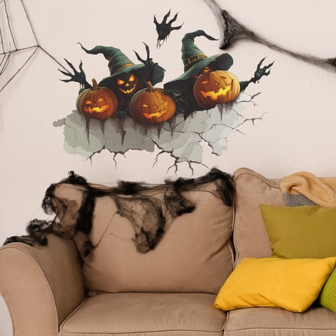 3D Halloween Pompoen Heksenhoed Muursticker Gebroken Muureffect PVC Verwijderbare Sticker Voor Woonkamer Slaapkamer Feest Decor
