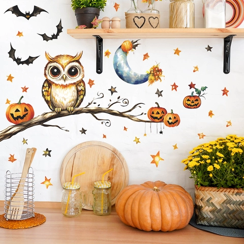 Pegatina De Pared Halloween Dibujos Animados Búho Calabaza Murciélago Estilo Acuarela PVC Calcomanía Removible Para Dormitorio Sala De Estar Casa