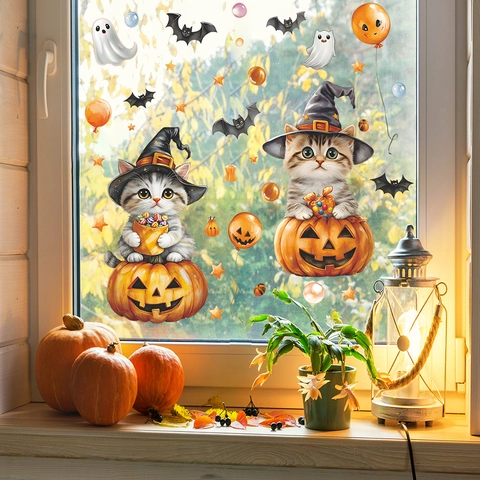 Halloween Statische Fensteraufkleber Cartoon Katze Kürbis Fledermaus Geist Stern PVC Aufkleber Für Glasfenster Dekoration