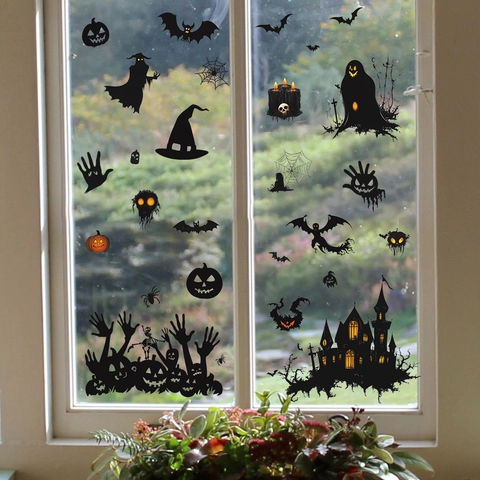 Halloween Fledermaus Schloss Kürbis Statische Fensteraufkleber PVC Bedruckte Abnehmbare Abziehbilder Für Zuhause Glas Party Deko