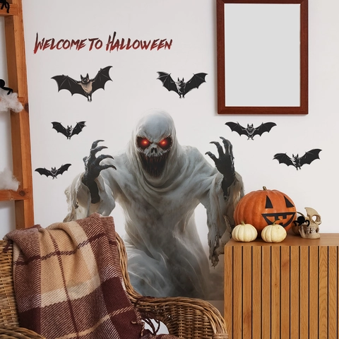 Halloween Geist Und Fledermaus Wandaufkleber PVC Abnehmbar Horror Atmosphäre Dekor Für Wohnzimmer Schlafzimmer Wand Deko