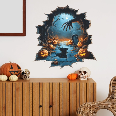 3D Halloween Geisterhand Kürbis Wandtattoo Wanddurchbruch Effekt Gruseliger Friedhof PVC Aufkleber Für Schlafzimmer Wohnzimmer Haus Dekoration
