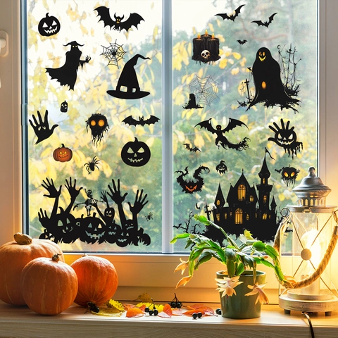 Halloween Fledermaus Schloss Kürbis Statische Fensteraufkleber PVC Bedruckte Abnehmbare Abziehbilder Für Zuhause Glas Party Deko
