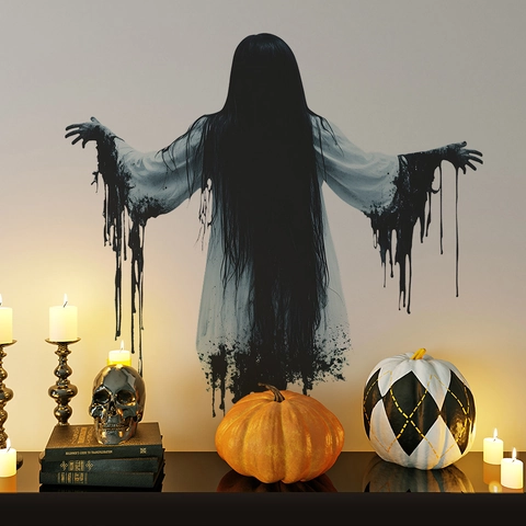 Halloween Gruseliger Gesichtsloser Weiblicher Geist Wandaufkleber PVC Horror Atmosphäre Dekoration Selbstklebend Wandbild