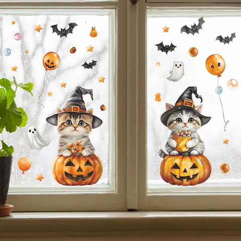 Halloween Statische Fensteraufkleber Cartoon Katze Kürbis Fledermaus Geist Stern PVC Aufkleber Für Glasfenster Dekoration